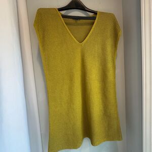 Eileen Fisher Sleeveless Linen Blend V-Neck Tunic Sweater S/P Green Gold